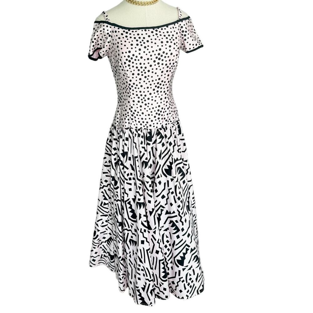 A.J. Bari vintage polkadot mixed print off shoulder party dress pink size 6
